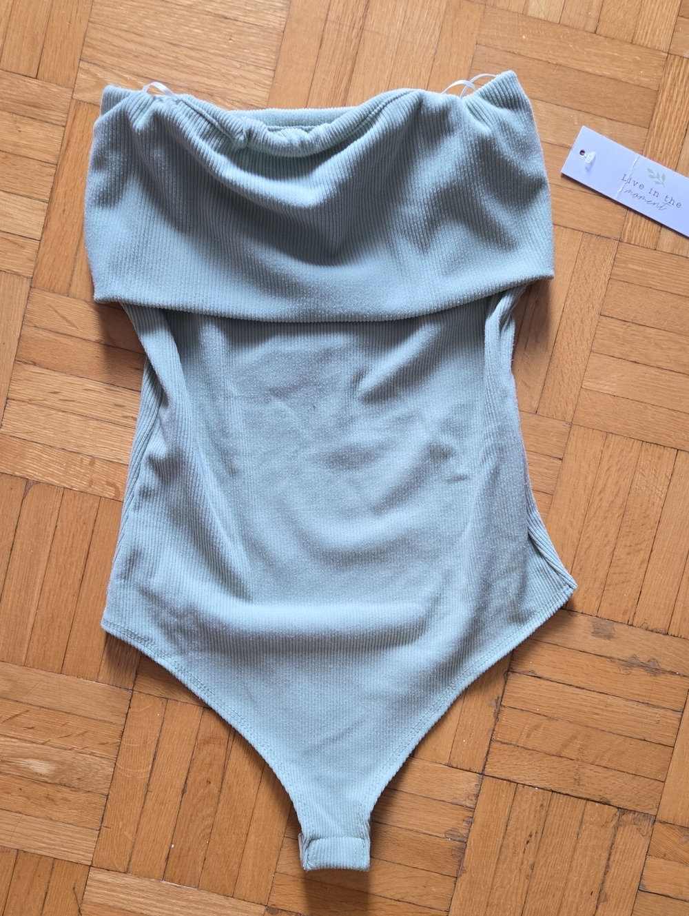 Off-Shoulder Ribbed Bodysuit in Light Green by Live In The Moment